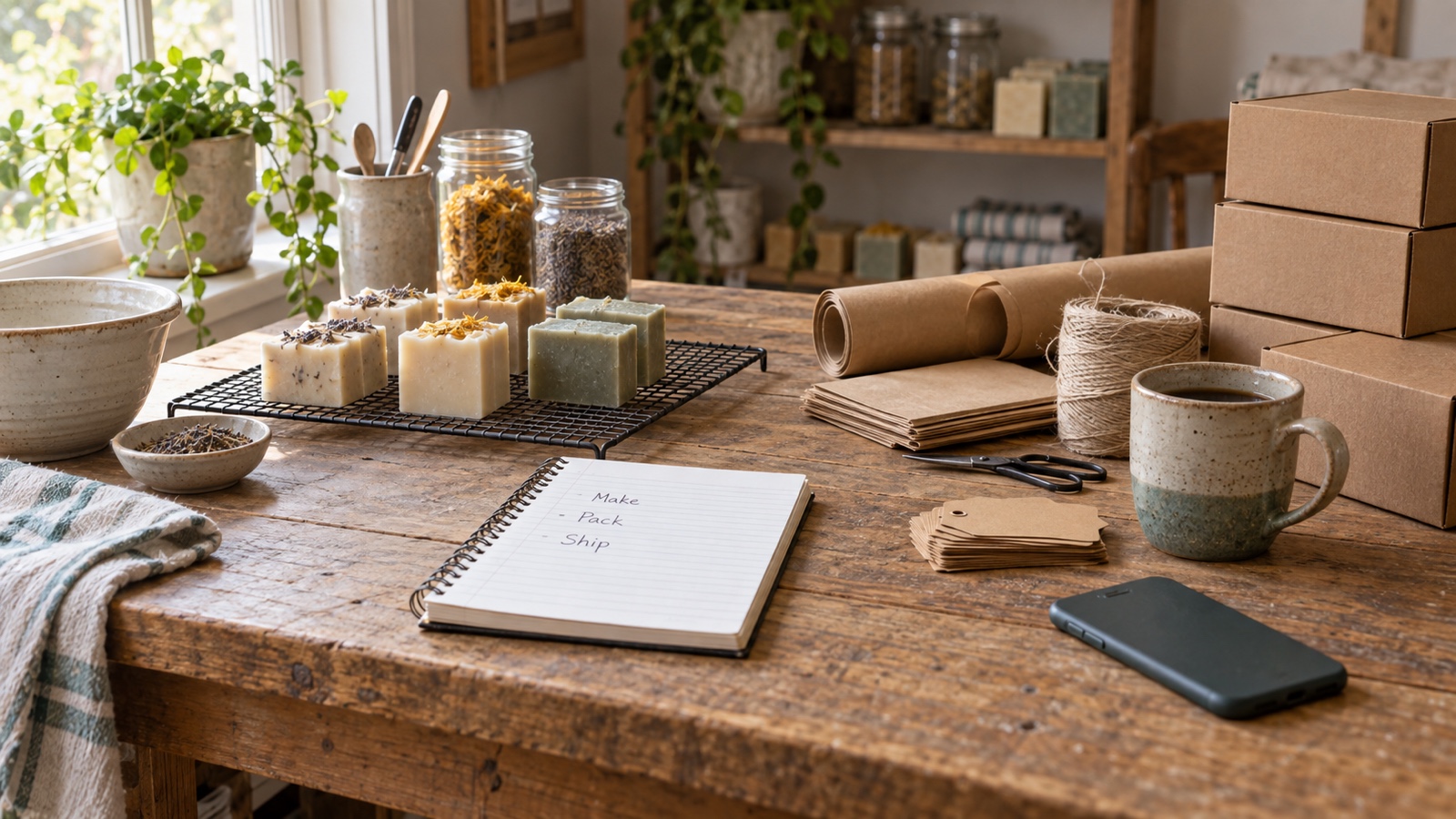 A small business workbench mid-morning with supplies, labeled boxes, and a handwritten notebook grouped by daily routine