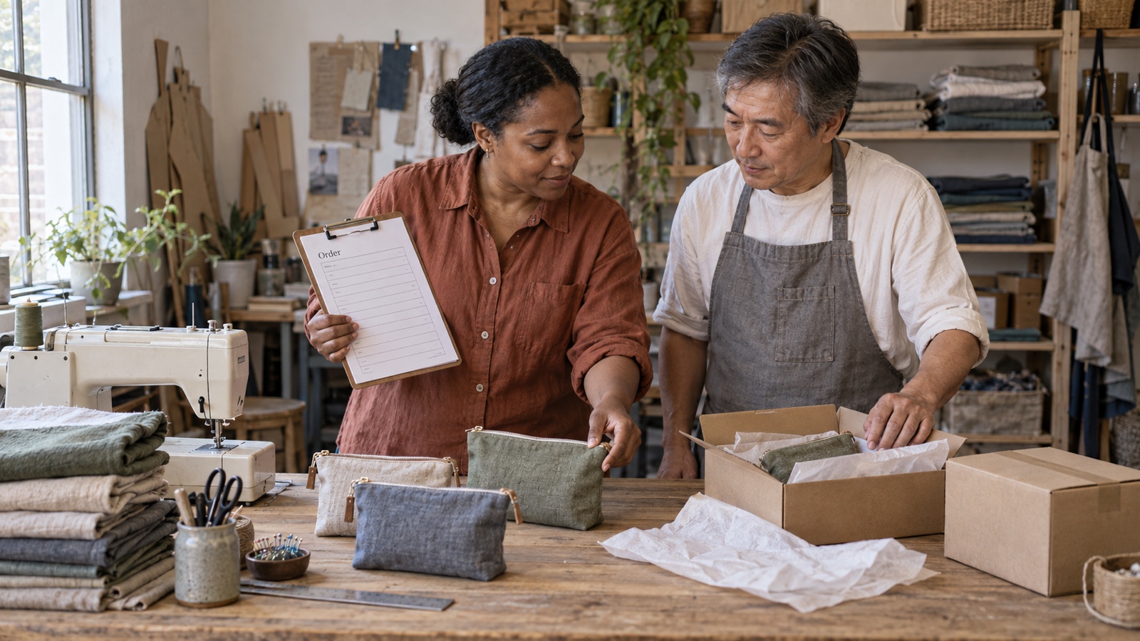 A small-business owner and colleague review an order beside fabric, finished cloth pouches and a shipping box in a workshop.