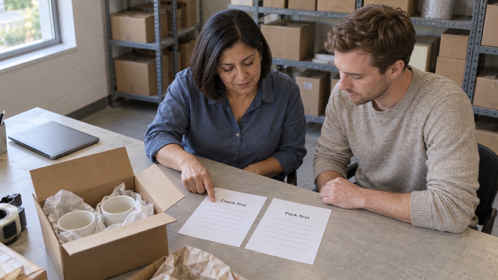 Two staff members compare conflicting Check first and Pack first instructions beside an unfinished order and a closed laptop.