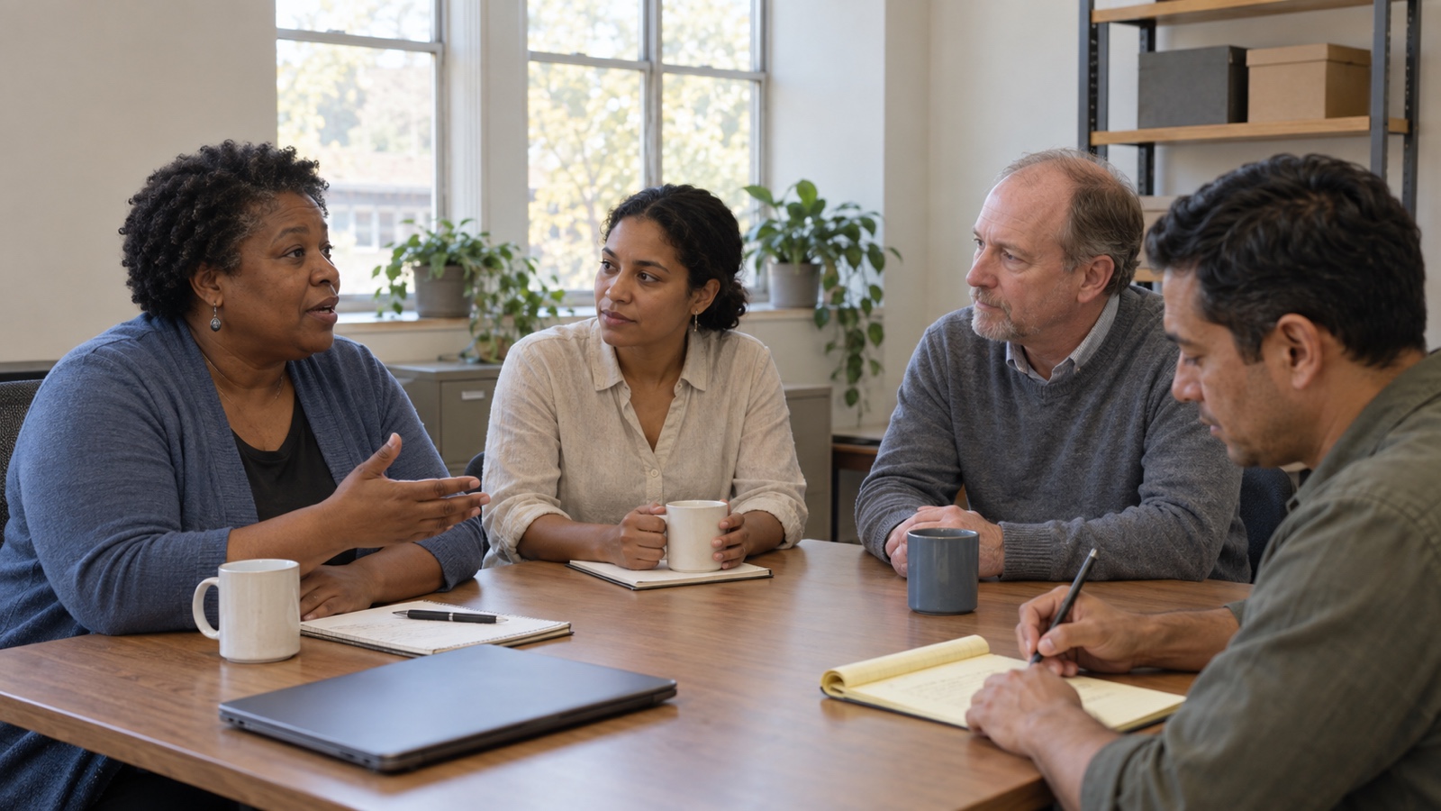 Four colleagues in candid conversation around a conference table, with one taking notes and a laptop closed.