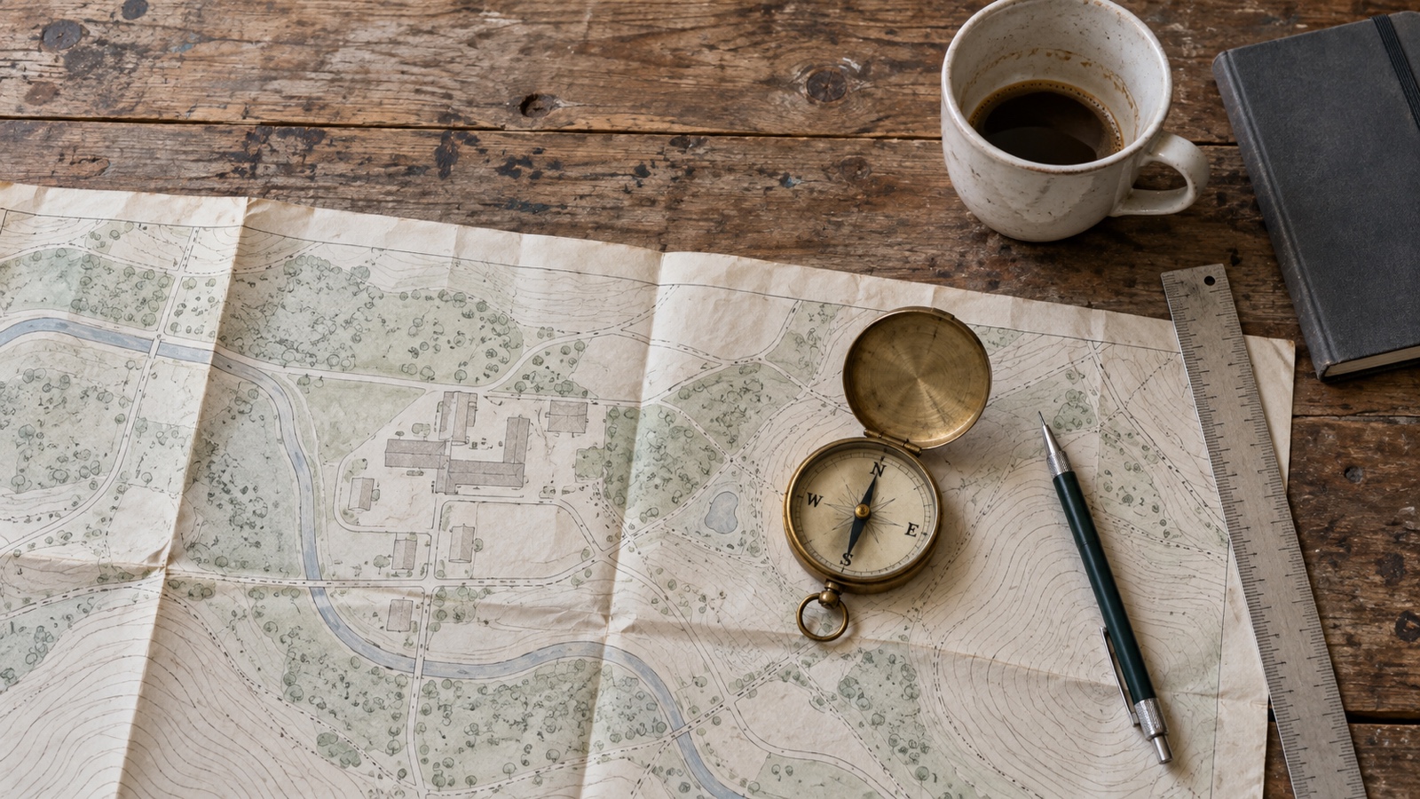 A brass compass on a folded paper site plan beside a mechanical pencil, ruler, coffee and closed notebook.