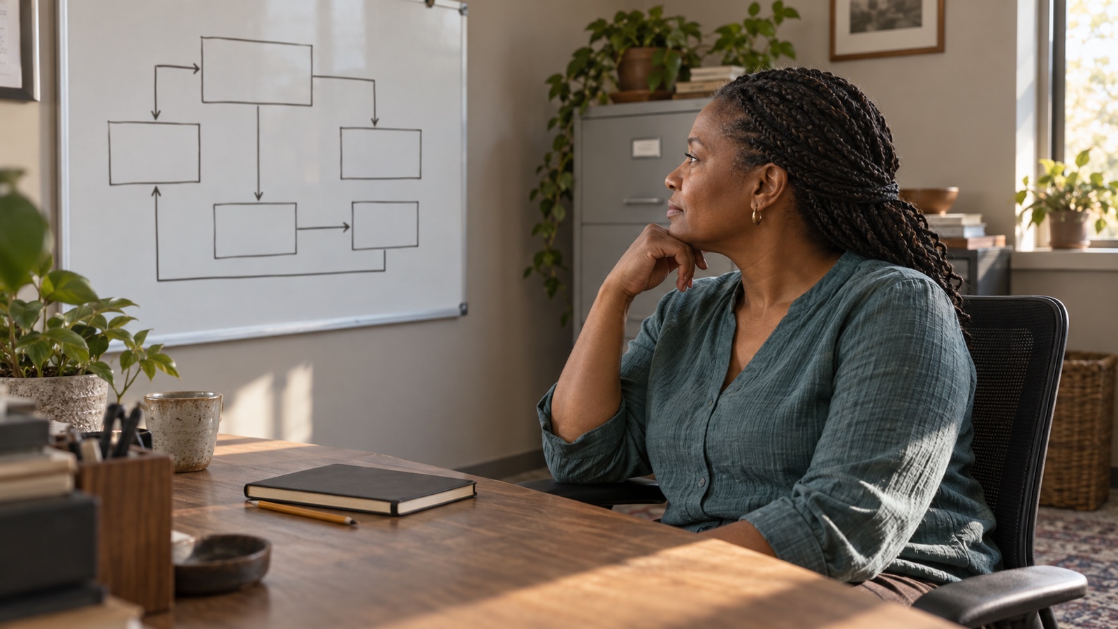A woman seated at her desk thoughtfully studying a hand-drawn systems diagram on a whiteboard.