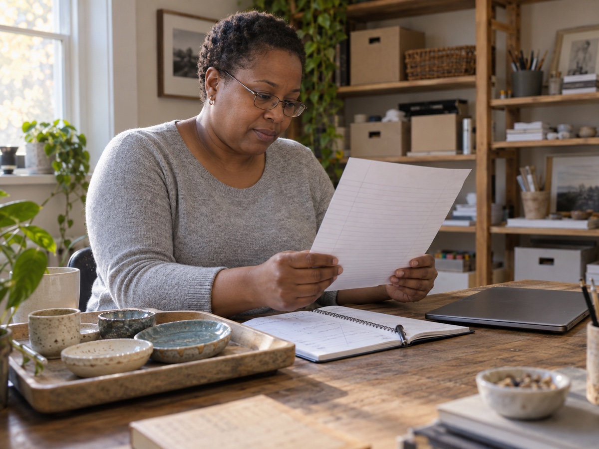 Small business owner at their desk reviewing their systems