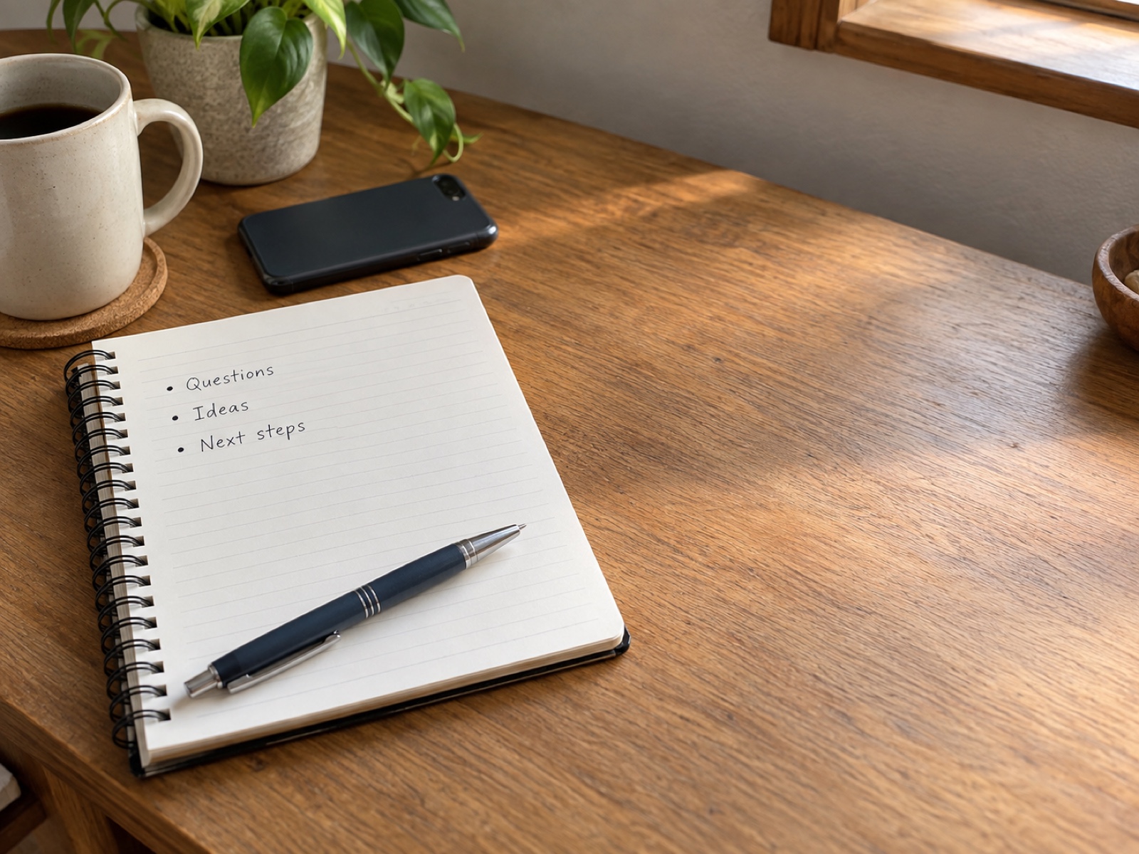 An open notebook with a short handwritten list, a pen and a face-down phone on a quiet desk