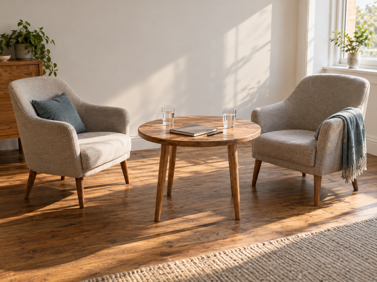 Two chairs angled toward each other across a small table set with a notebook and two glasses of water