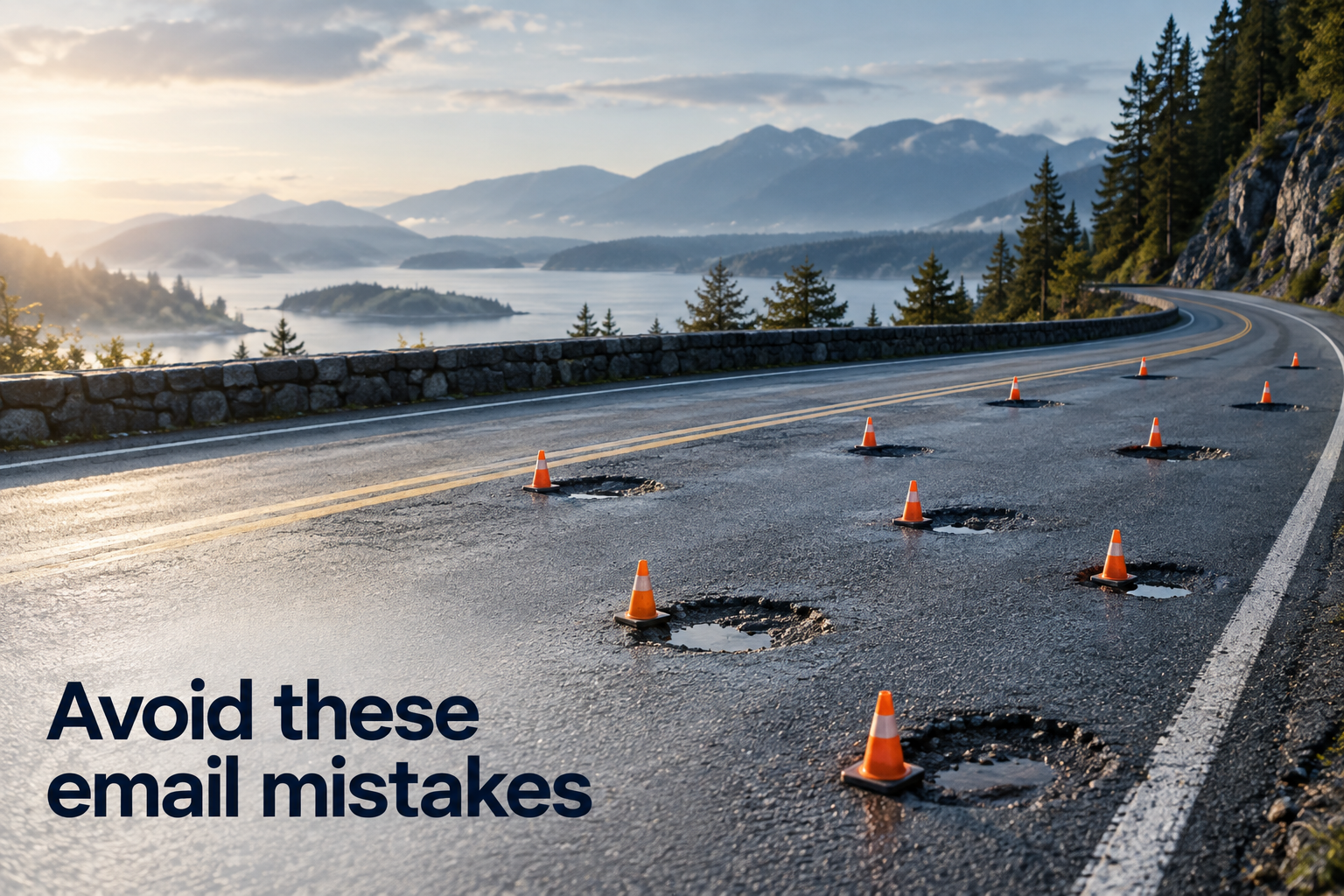 Illustration: Ten small potholes marked on an otherwise clear road. Overlaid text reads "Avoid these email mistakes".