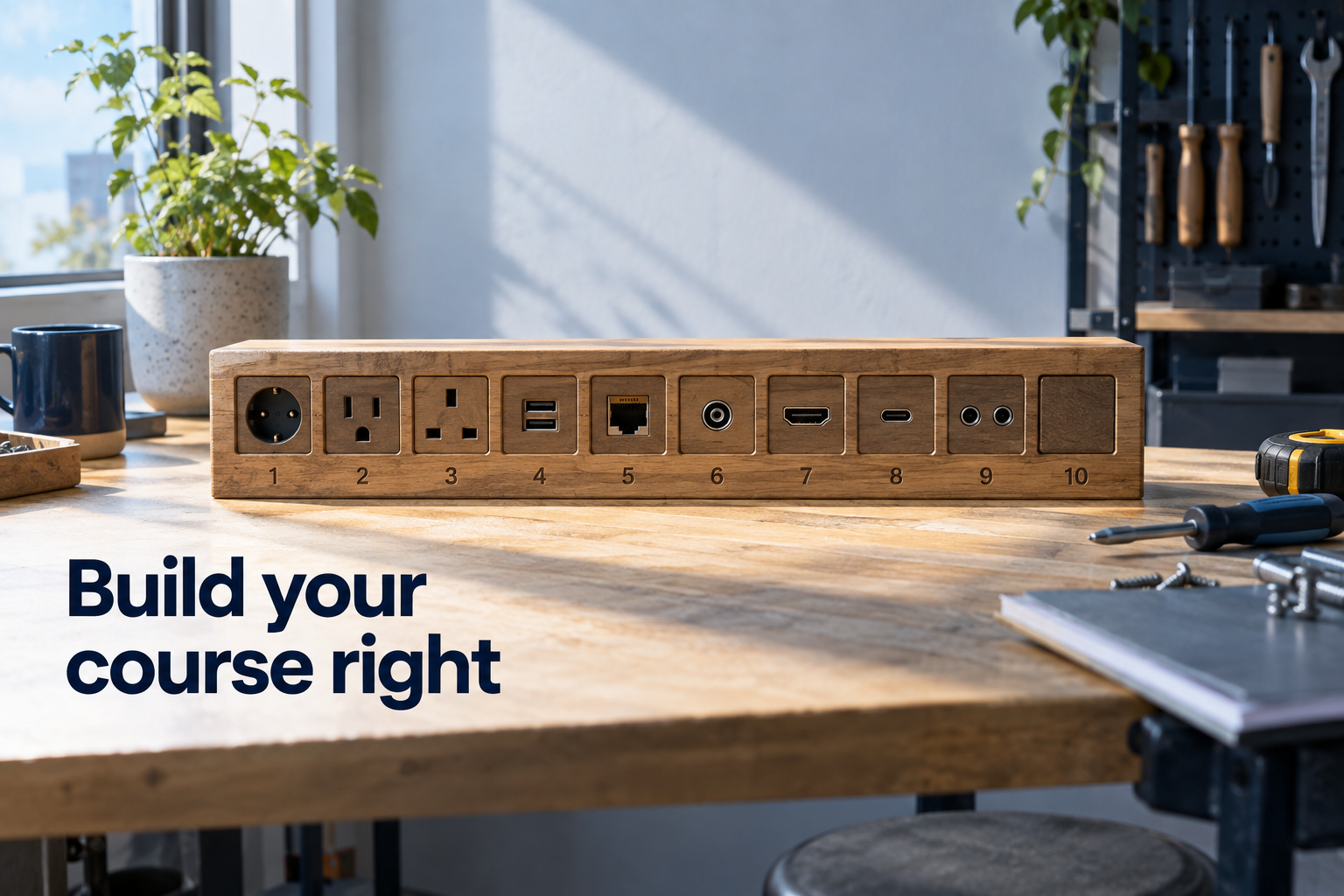 Illustration: Ten labeled sockets in a workbench, tools resting beside rather than defining them. Overlaid text reads "Build your course right".