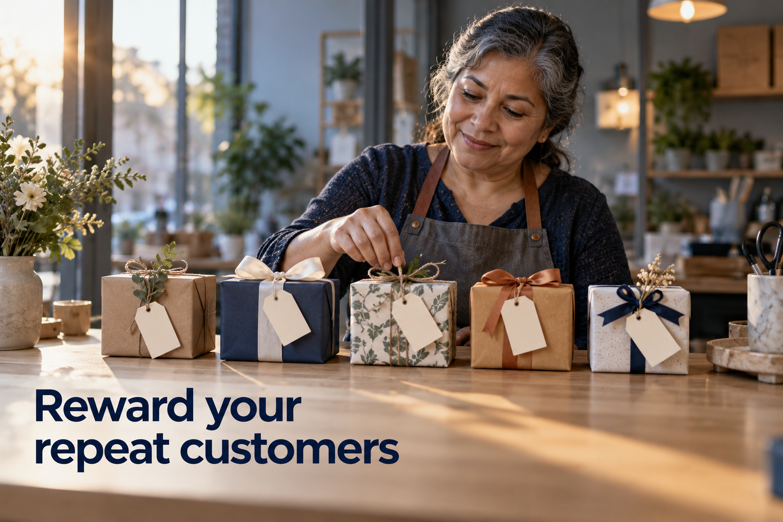 Illustration: Five differently wrapped small gifts on a shop counter, one customer's name on each. Overlaid text reads "Reward your repeat customers".