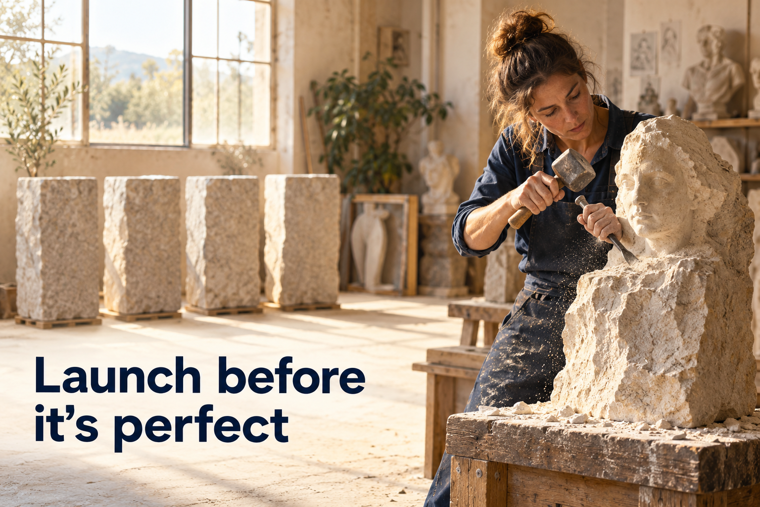 Illustration: A sculpture emerging rough but recognizable from a block, chisel mid-stroke, four more blocks waiting. Overlaid text reads "Launch before it's perfect".
