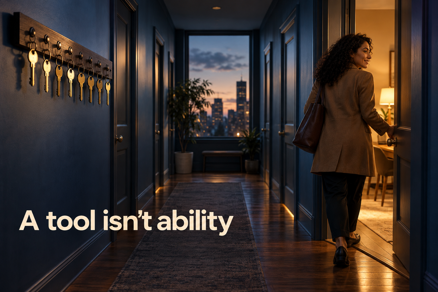 Illustration: A wall of keys on hooks, each labeled and polished, in front of doors no one is walking through; one door open with a person mid-stride. Overlaid text reads "A tool isn't ability".