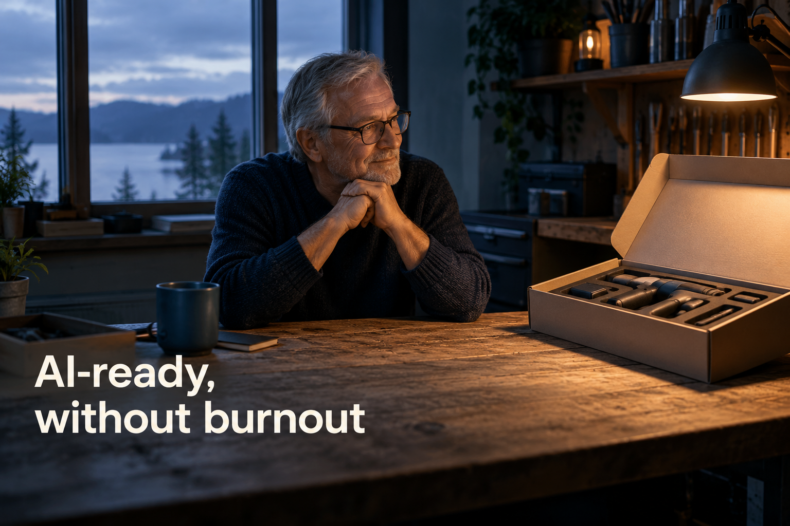 Illustration: A calm, cleared workbench beside an untouched box of new tools. Overlaid text reads "AI-ready, without burnout".