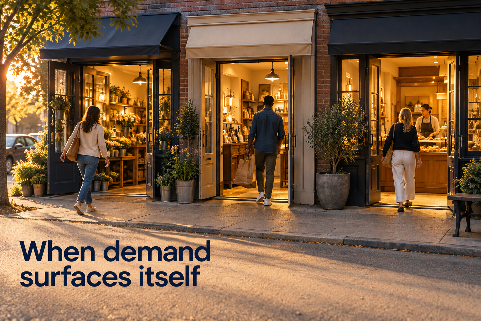 Illustration: Three doors lighting up on one storefront at once, no crowd being herded toward them. Overlaid text reads "When demand surfaces itself".