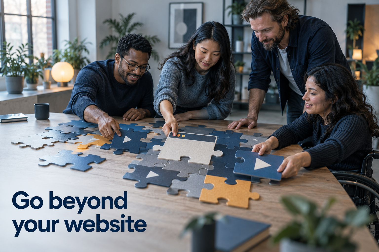 Illustration: A jigsaw puzzle mid-assembly where one piece is a browser window and several others are play buttons. Overlaid text reads "Go beyond your website".