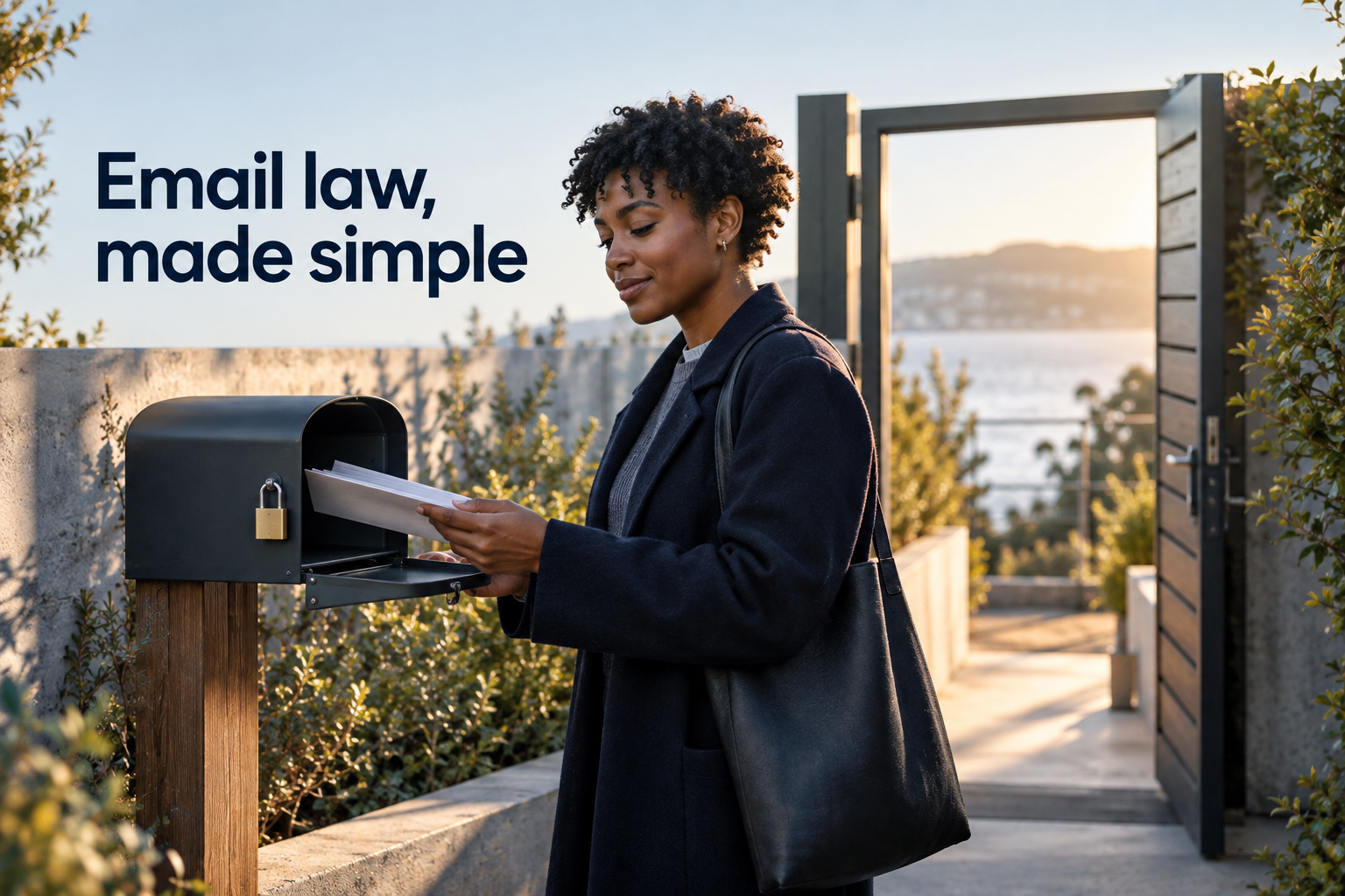 Illustration: A mailbox with a small, sturdy lock and a clearly labeled exit path beside it. Overlaid text reads "Email law, made simple".