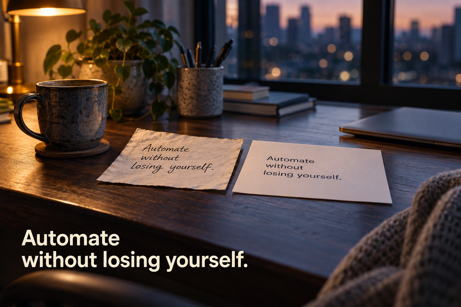 Illustration: A handwritten note and a typed letter side by side saying the same words, one unmistakably personal. Overlaid text reads "Automate without losing yourself".