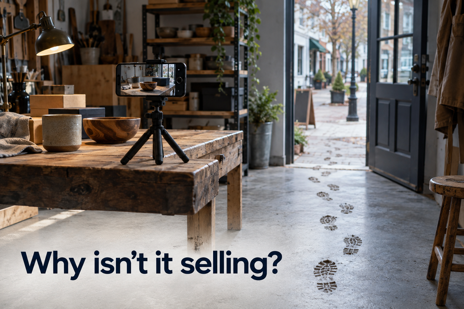 Illustration: A phone on a tripod filming a workbench, with a path of footprints leading from the screen to a shop door. Overlaid text reads "Why isn't it selling?".