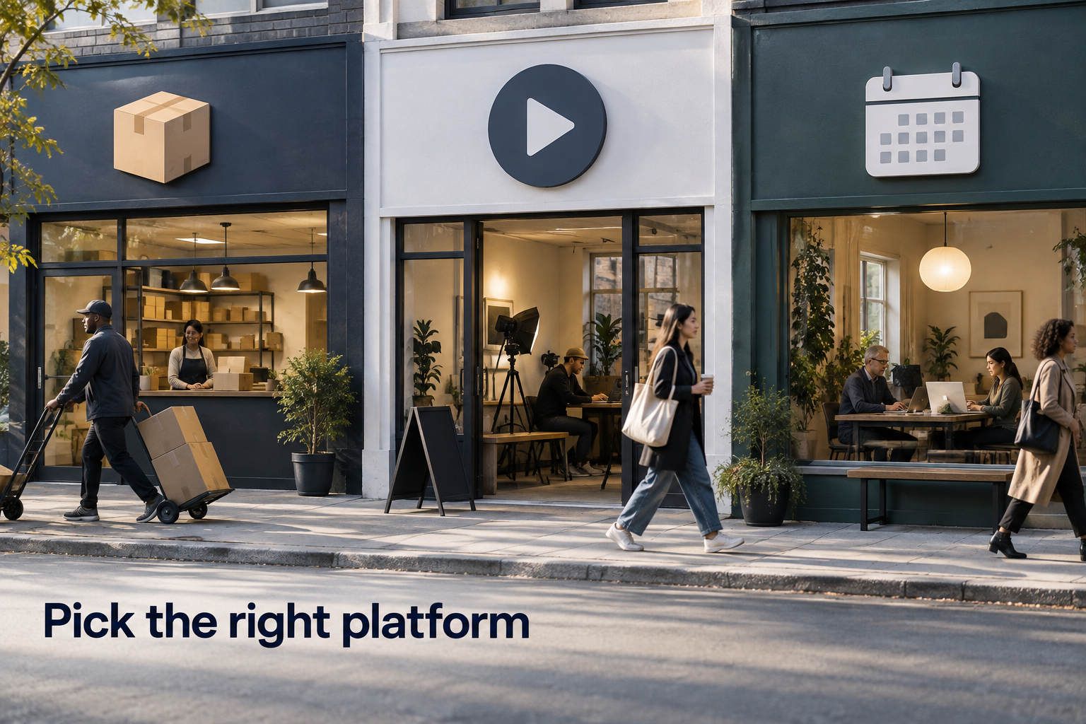 Illustration: Three different storefronts (parcel, play button, calendar) sharing one street. Overlaid text reads "Pick the right platform".