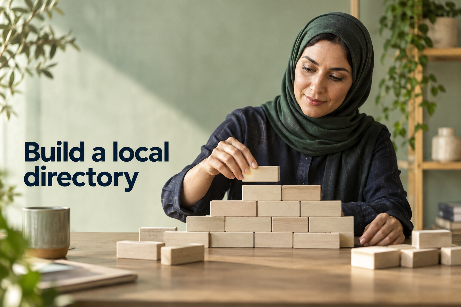 Illustration: A directory being assembled like a physical structure, listings as bricks. Overlaid text reads "Build a local directory".