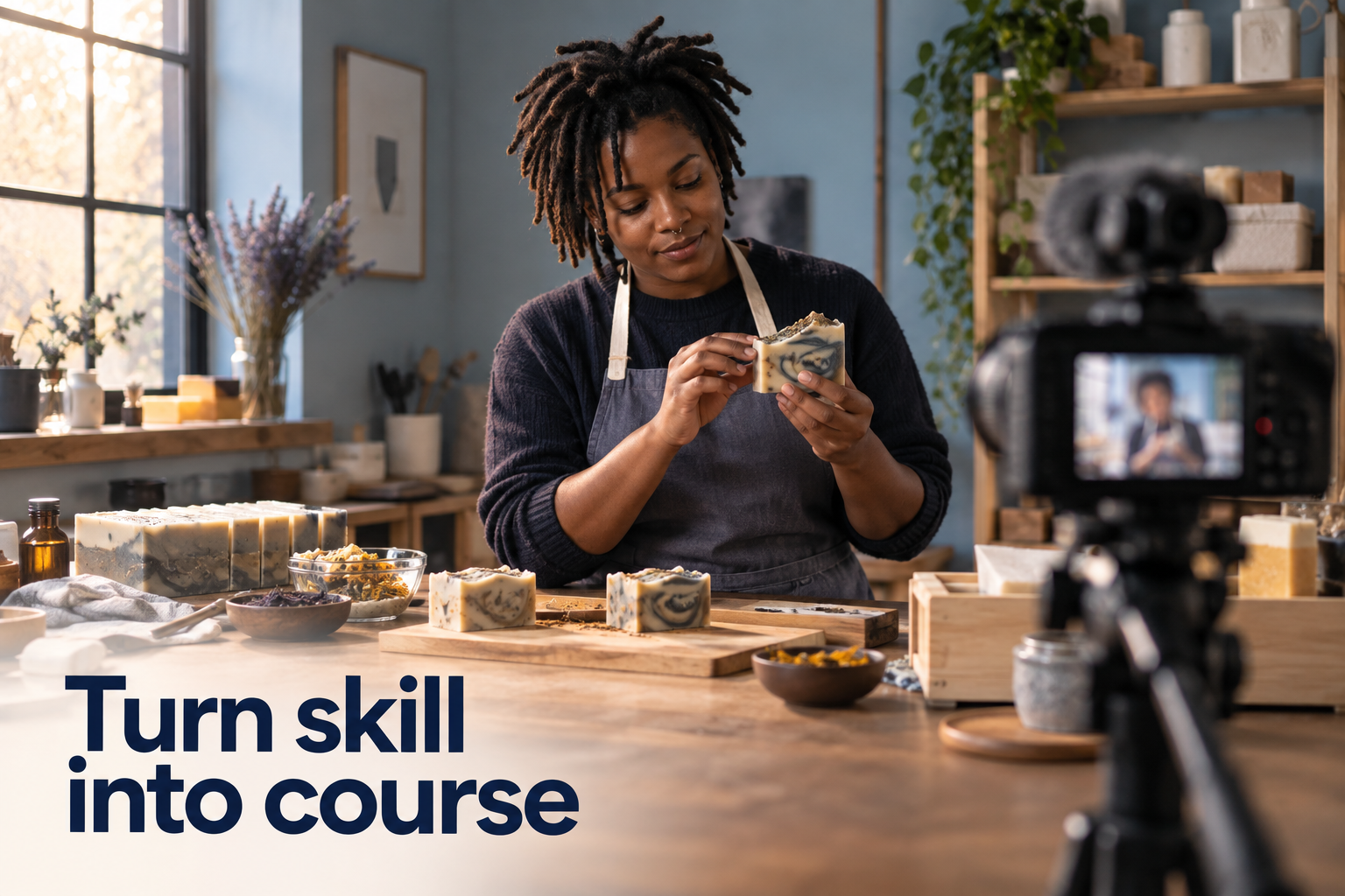 Illustration: A soap-making workbench transforming into a filmed lesson setup. Overlaid text reads "Turn skill into course".