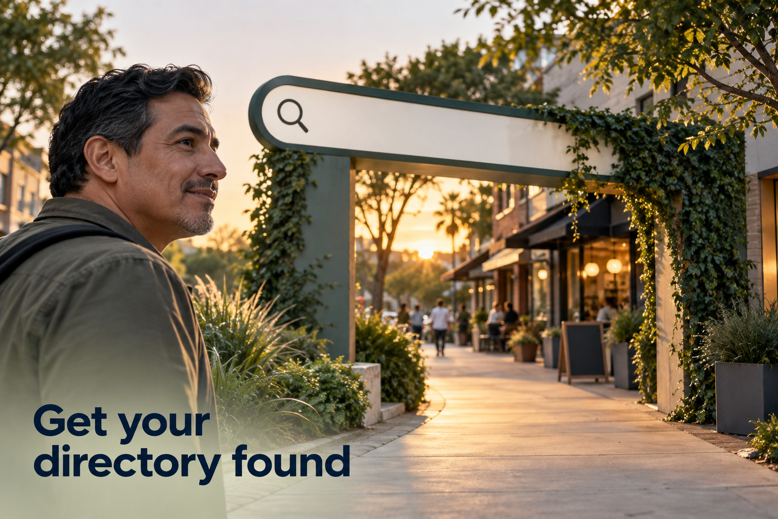 Illustration: A search bar funneling into a neighborhood street. Overlaid text reads "Get your directory found".
