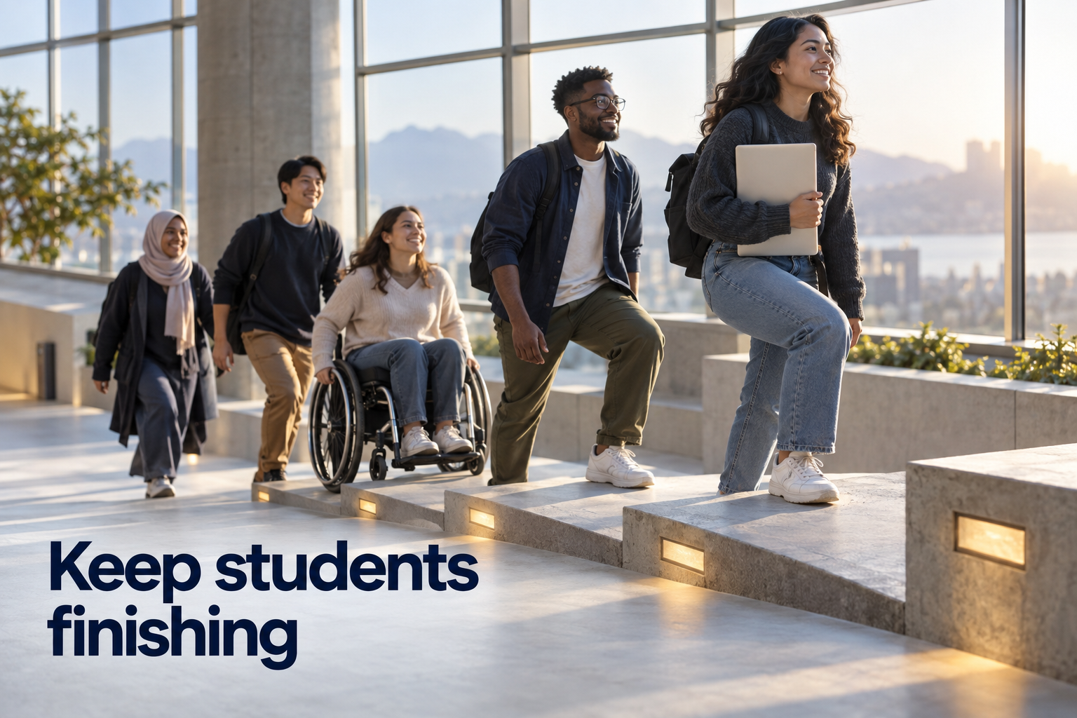Illustration: A course path with visible footholds — small steps, progress markers, a community walking it together. Overlaid text reads "Keep students finishing".