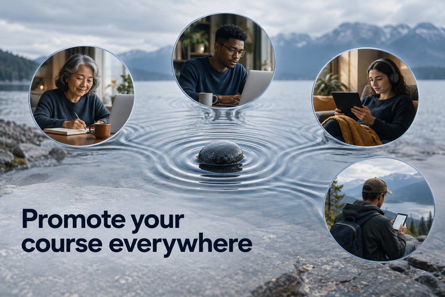 Illustration: One course rippling outward through several distinct channels to reach different learners. Overlaid text reads "Promote your course everywhere".