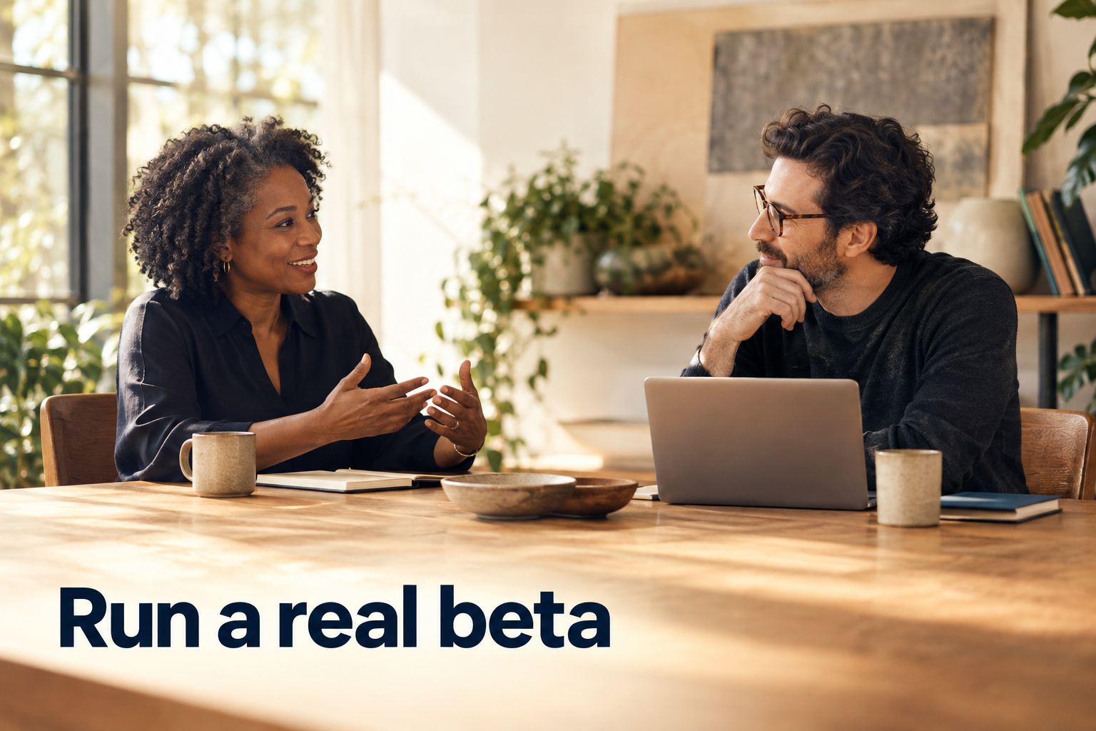 Illustration: Two chairs at the same table, one labeled user, one founder. Overlaid text reads "Run a real beta".
