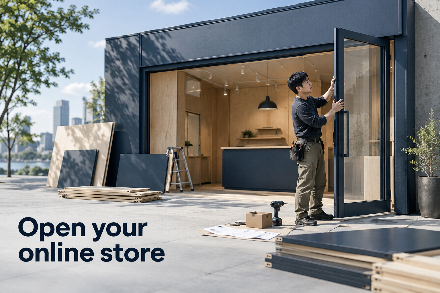 Illustration: A storefront being assembled from numbered flat-pack panels, door installed last. Overlaid text reads "Open your online store".