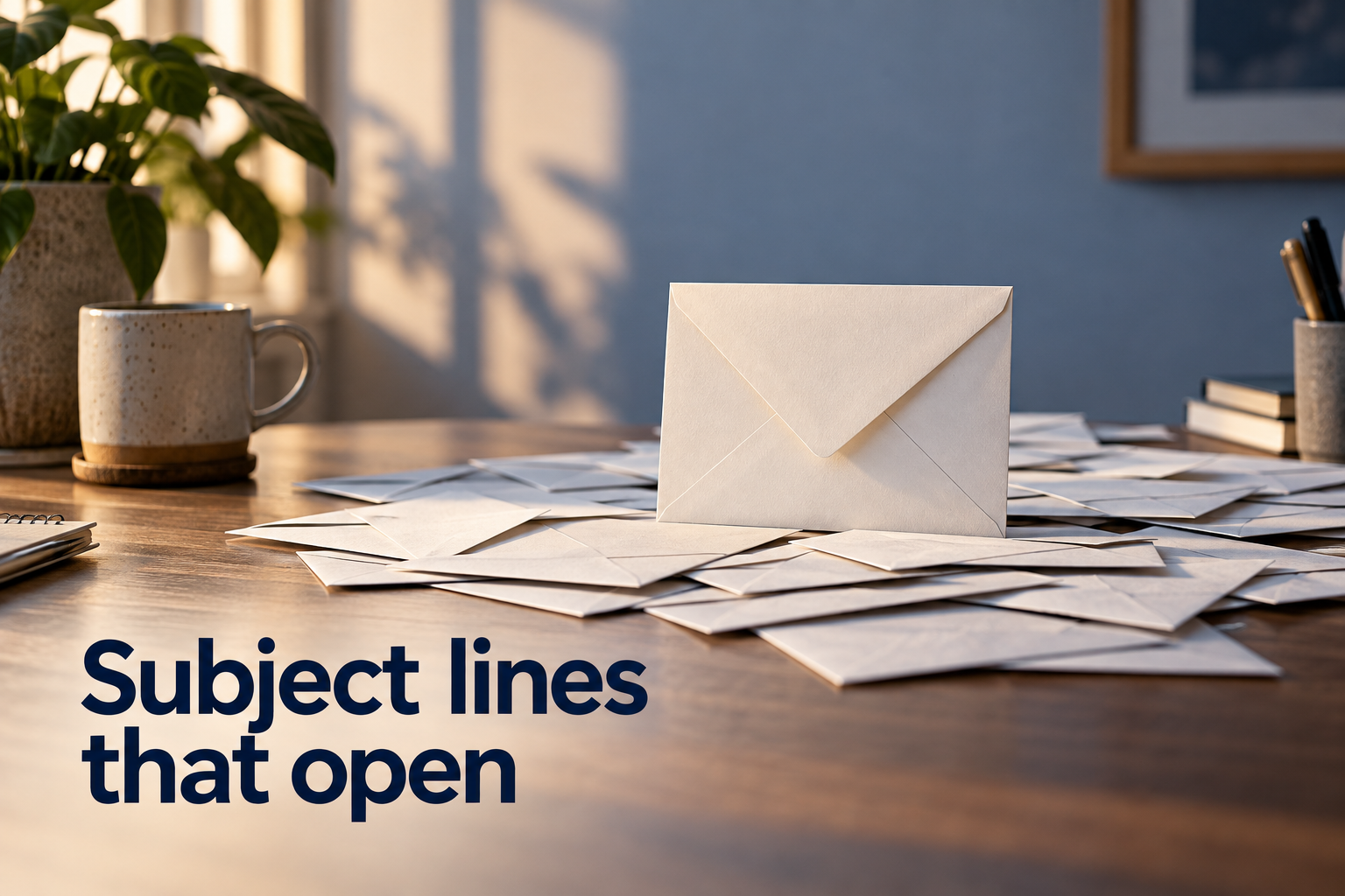 Illustration: One envelope standing upright in a pile of flat ones. Overlaid text reads "Subject lines that open".
