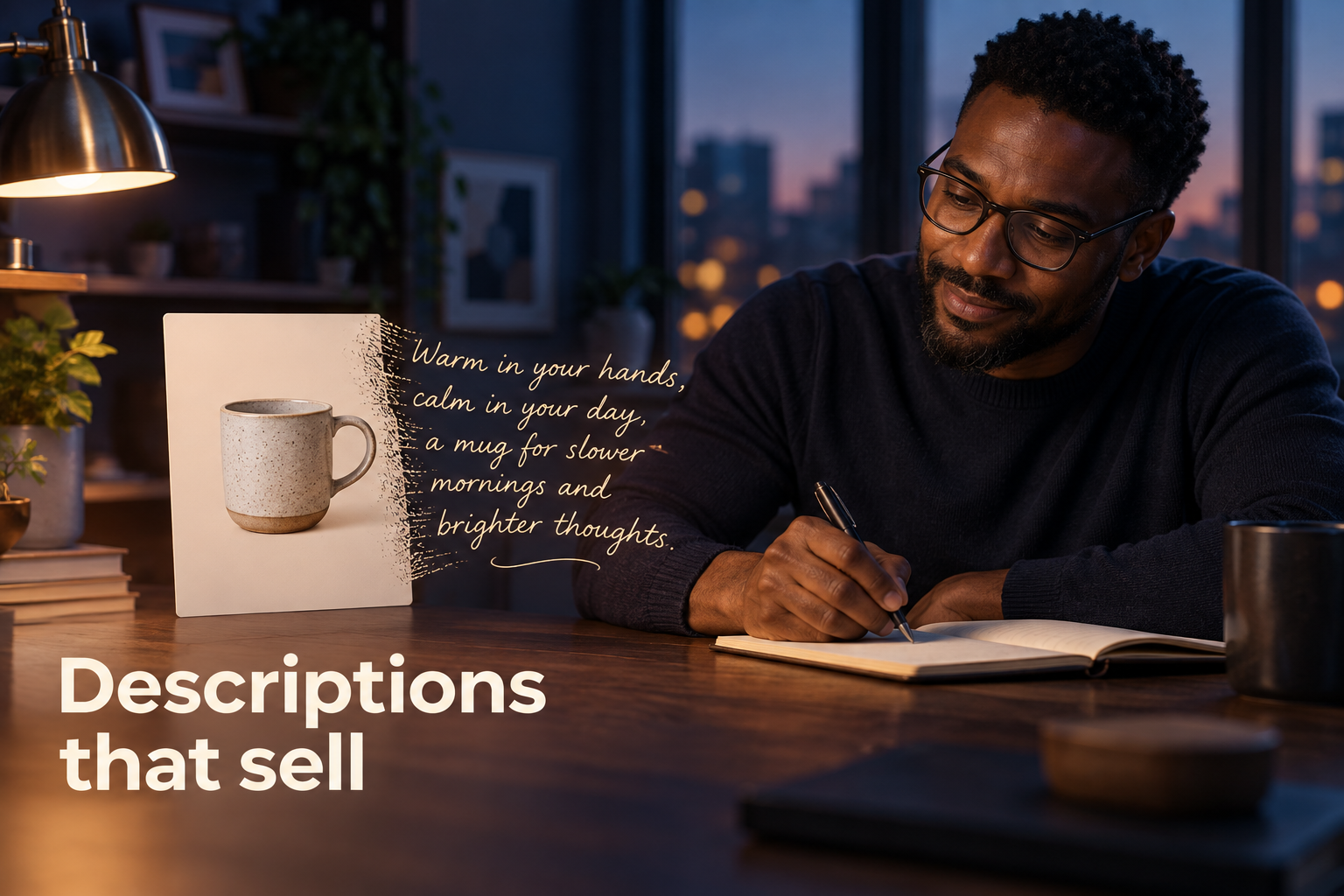 Illustration: A plain product card transforming mid-sentence into handwritten, sensory copy. Overlaid text reads "Descriptions that sell".