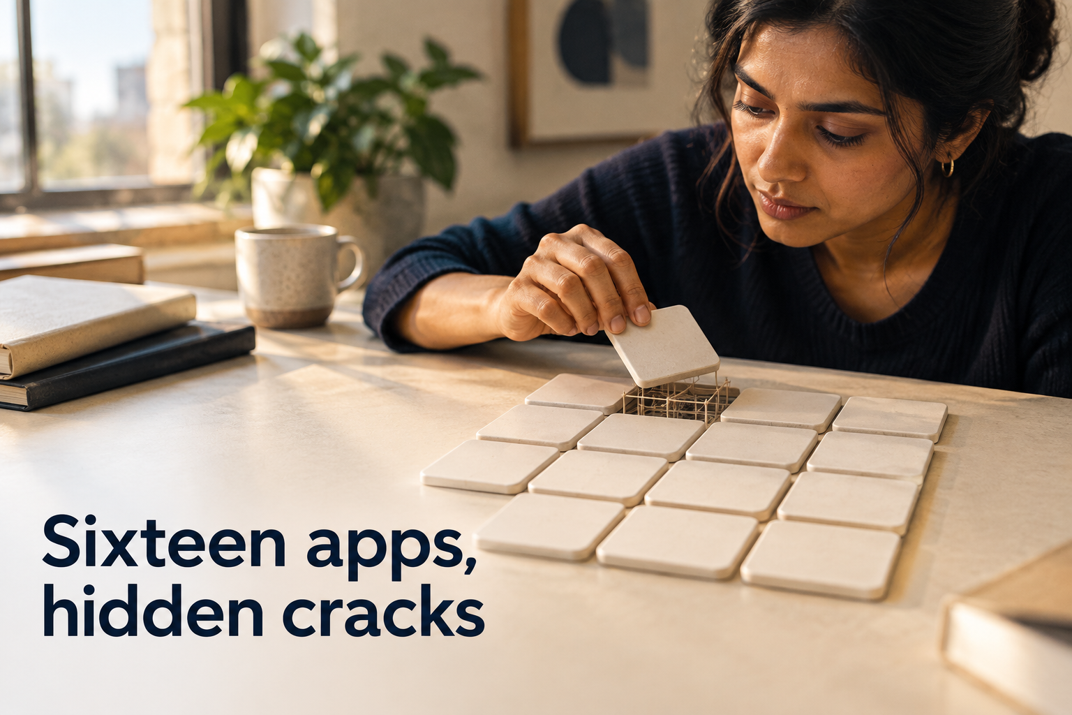 Illustration: Sixteen small app tiles with one lifted to reveal fragile scaffolding underneath. Overlaid text reads "Sixteen apps, hidden cracks".
