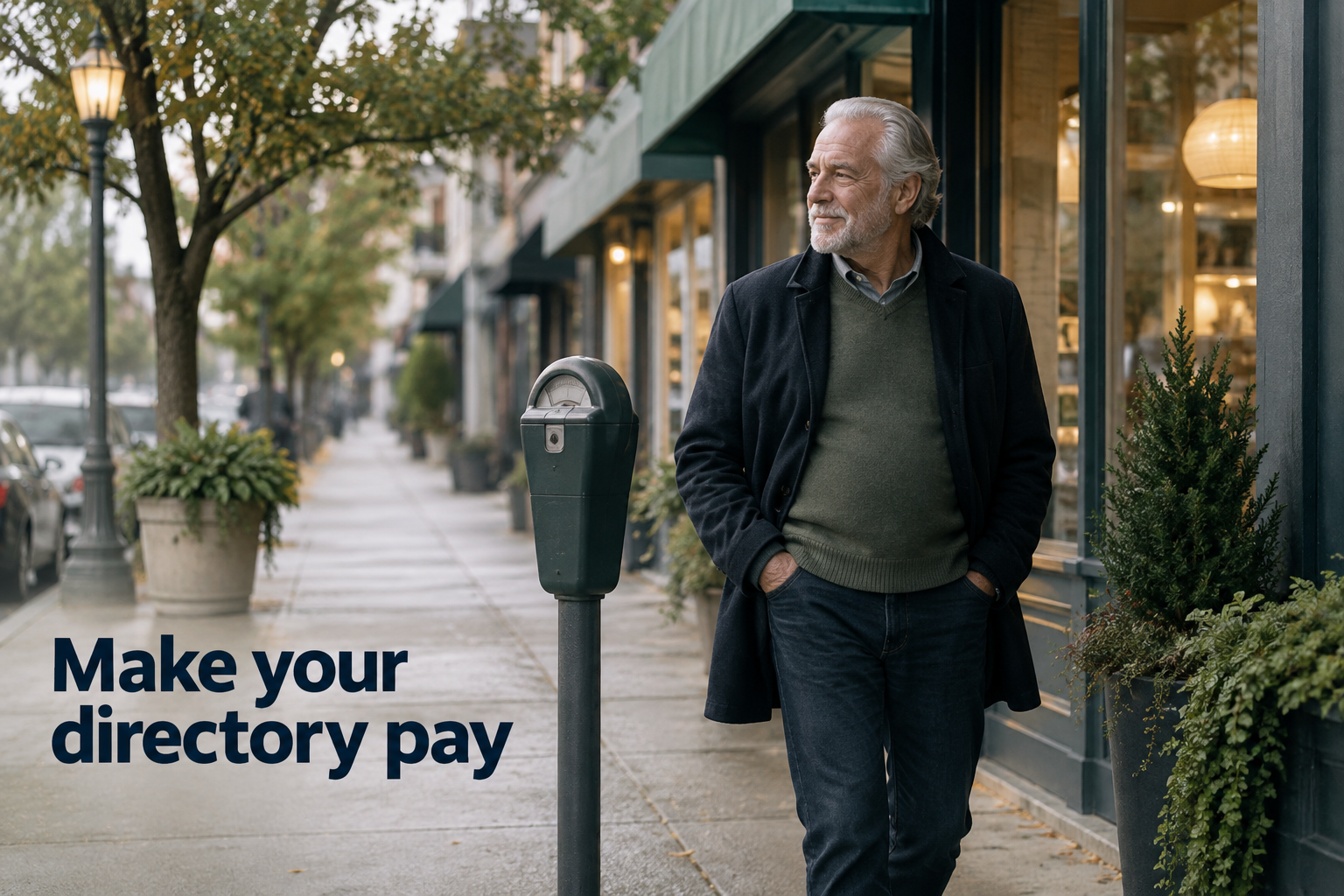 Illustration: A storefront-lined street with a small, steady meter quietly running beside it. Overlaid text reads "Make your directory pay".