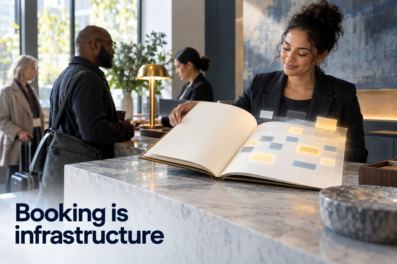 Illustration: A front desk whose reception book is turning into a glowing calendar grid, appointments filing themselves in. Overlaid text reads "Booking is infrastructure".