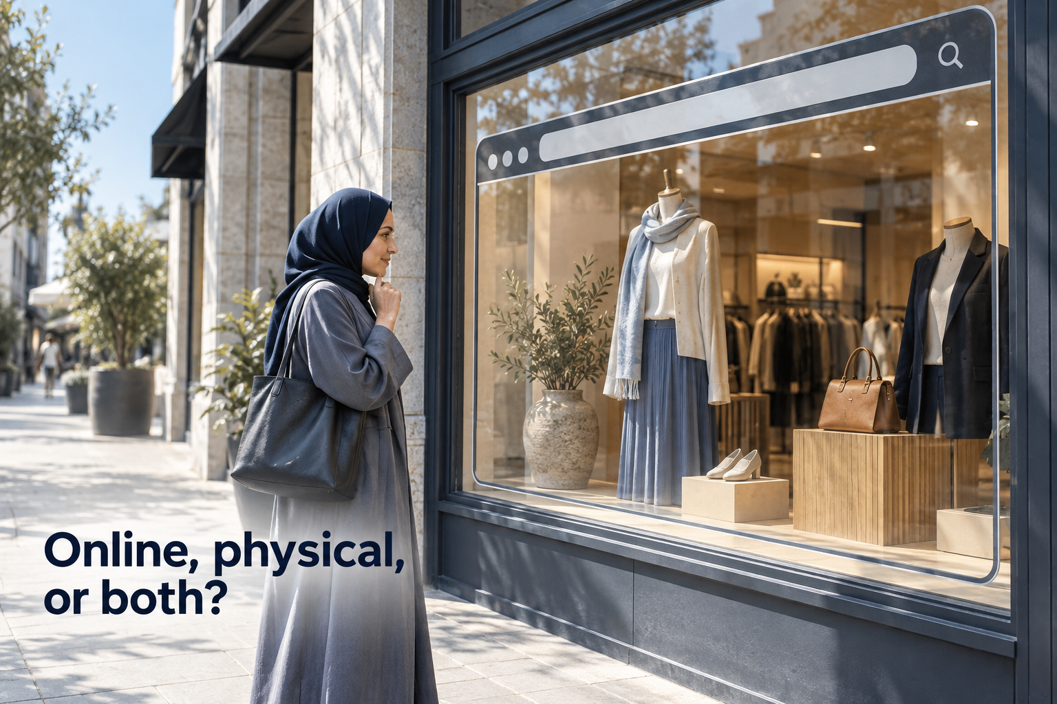 Illustration: A storefront whose window doubles as a browser viewport. Overlaid text reads "Online, physical, or both?".