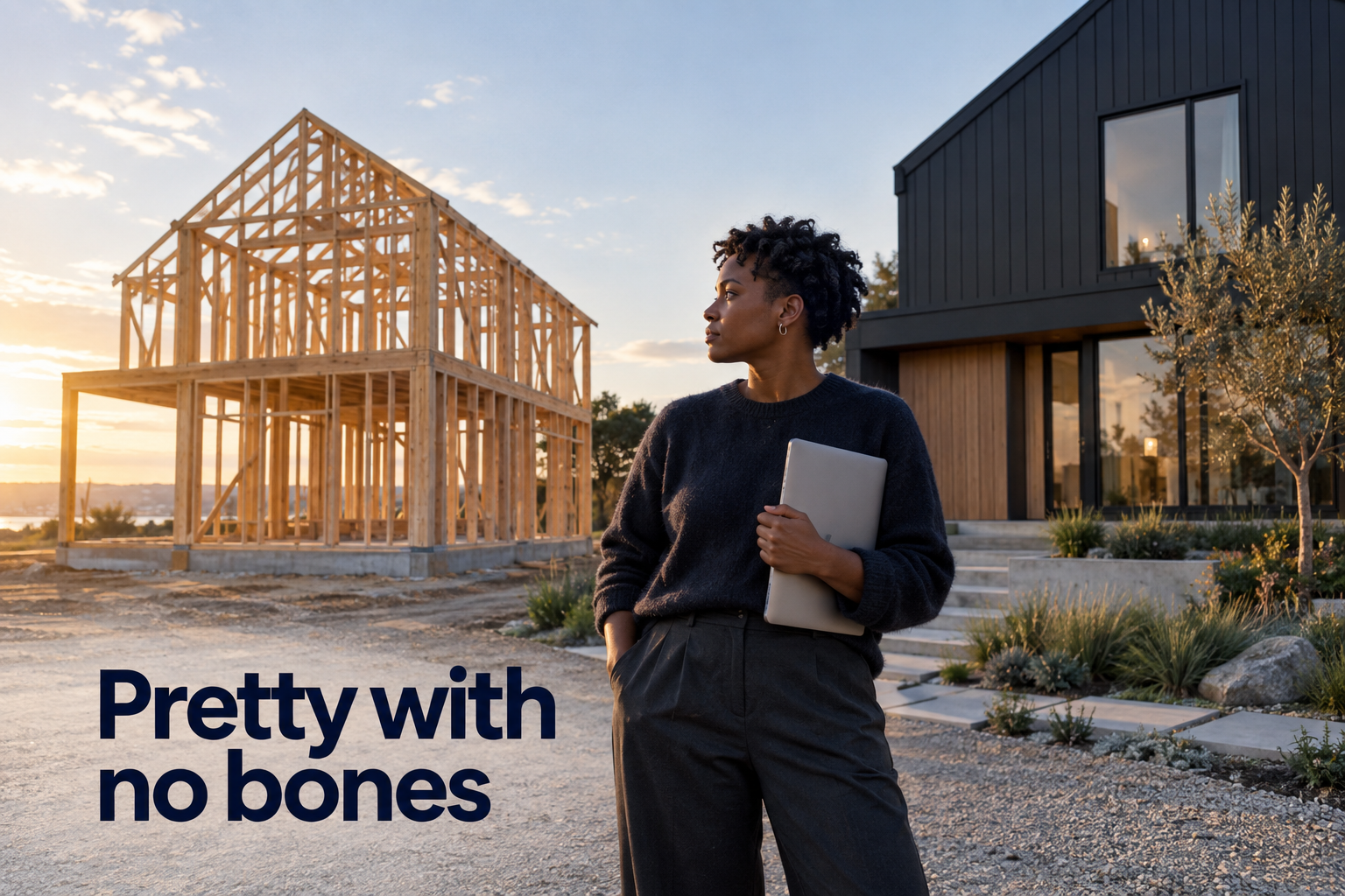 Illustration: An architectural frame of a house standing unclad beside a finished facade. Overlaid text reads "Pretty with no bones".