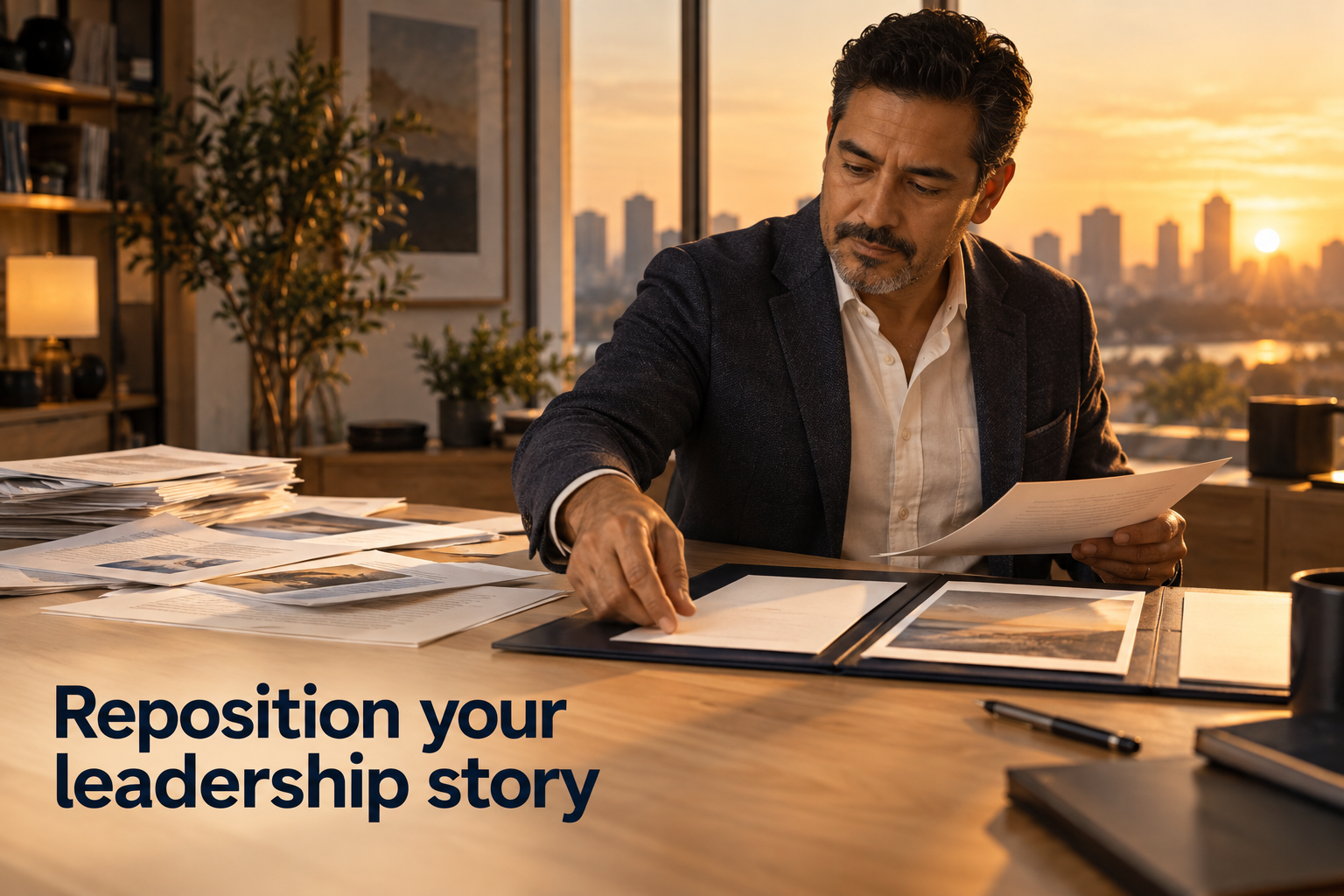 Illustration: A scattered stack of documents resolving into one clean executive portfolio spread. Overlaid text reads "Reposition your leadership story".