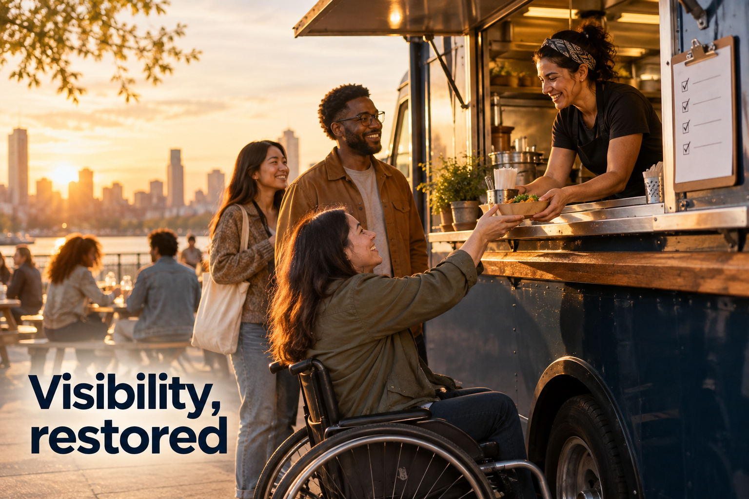 Illustration: A food truck at golden hour with a simple checklist clipped inside the service window. Overlaid text reads "Visibility, restored".