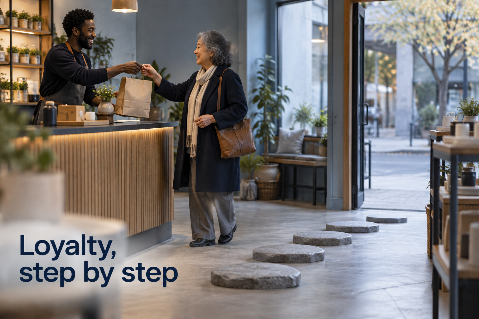 Illustration: Five stepping stones from a shop counter to a returning customer. Overlaid text reads "Loyalty, step by step".