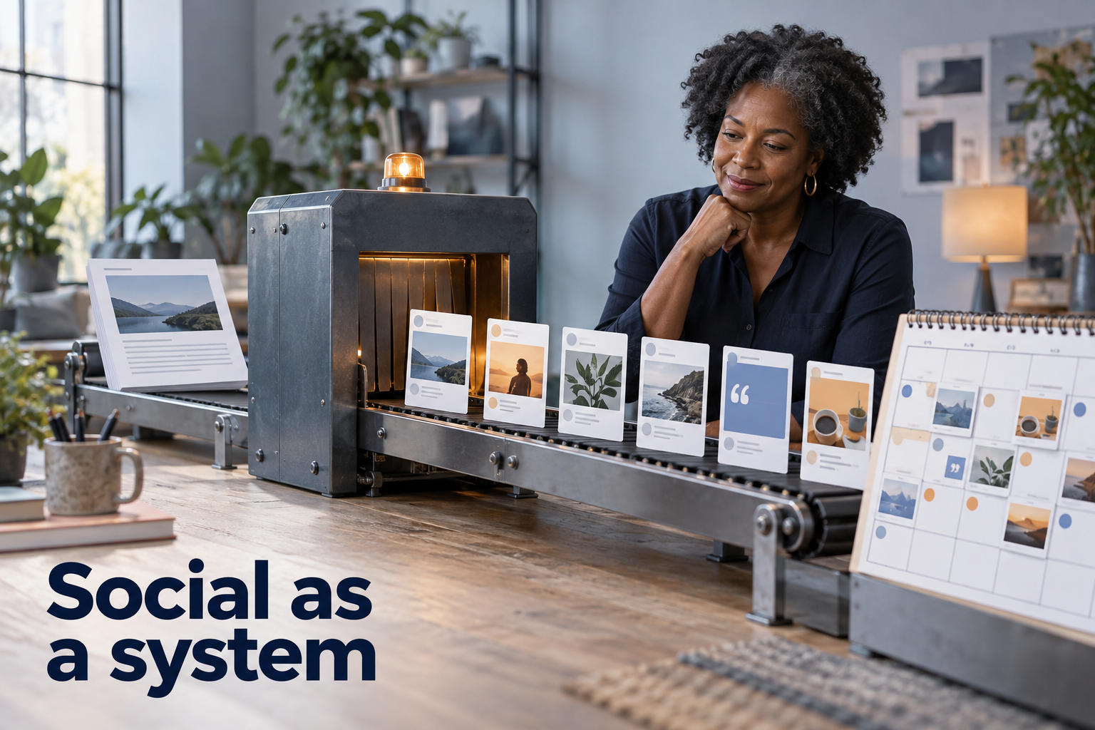 Illustration: An assembly line where one blog page enters and a stream of varied social posts exits onto a calendar conveyor. Overlaid text reads "Social as a system".