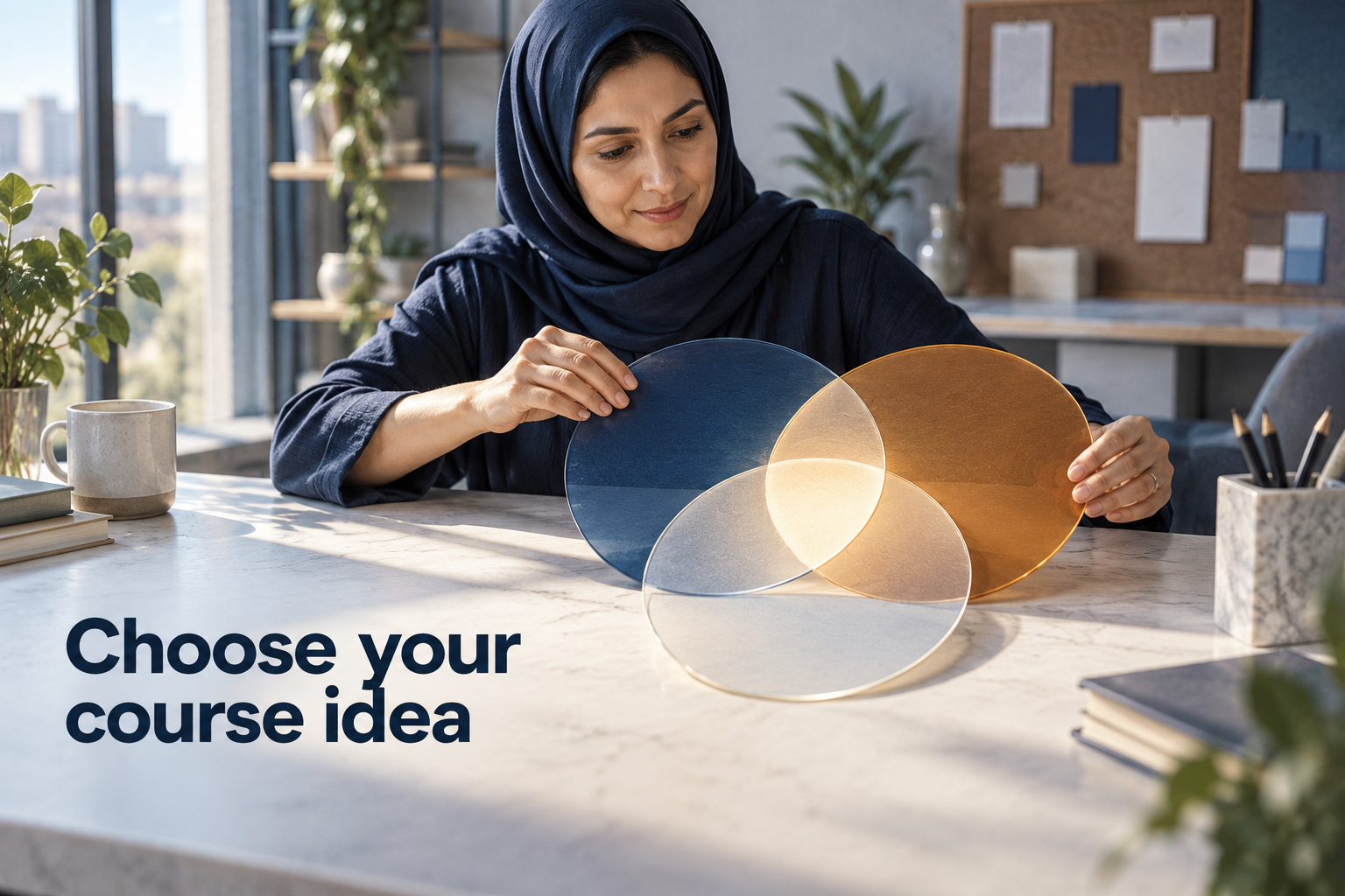 Illustration: A three-circle overlap (what you know, what's wanted, what transforms) with one bright center. Overlaid text reads "Choose your course idea".