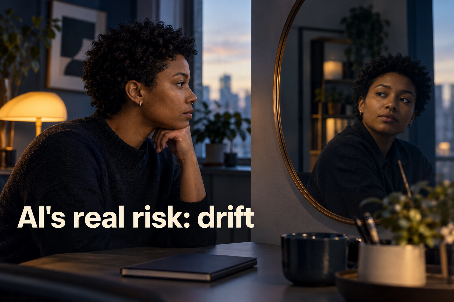 Illustration: An organization's reflection subtly diverging from itself in a mirror or glass facade. Overlaid text reads "AI's real risk: drift".