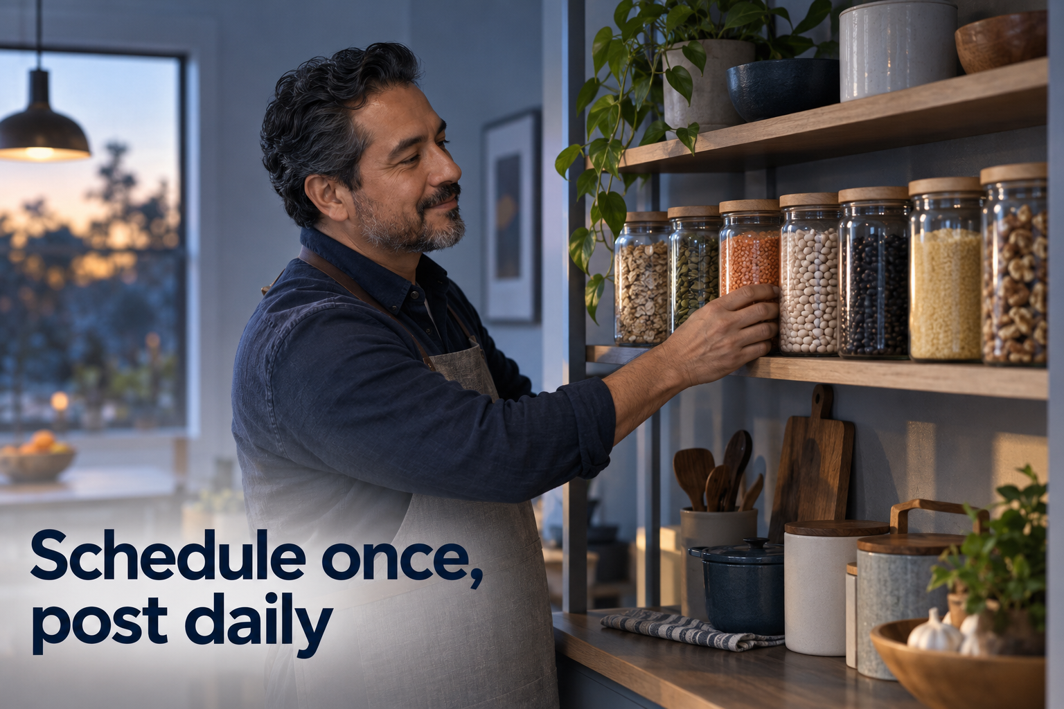 Illustration: A week of posts loaded like a well-stocked pantry, one shelf per day. Overlaid text reads "Schedule once, post daily".
