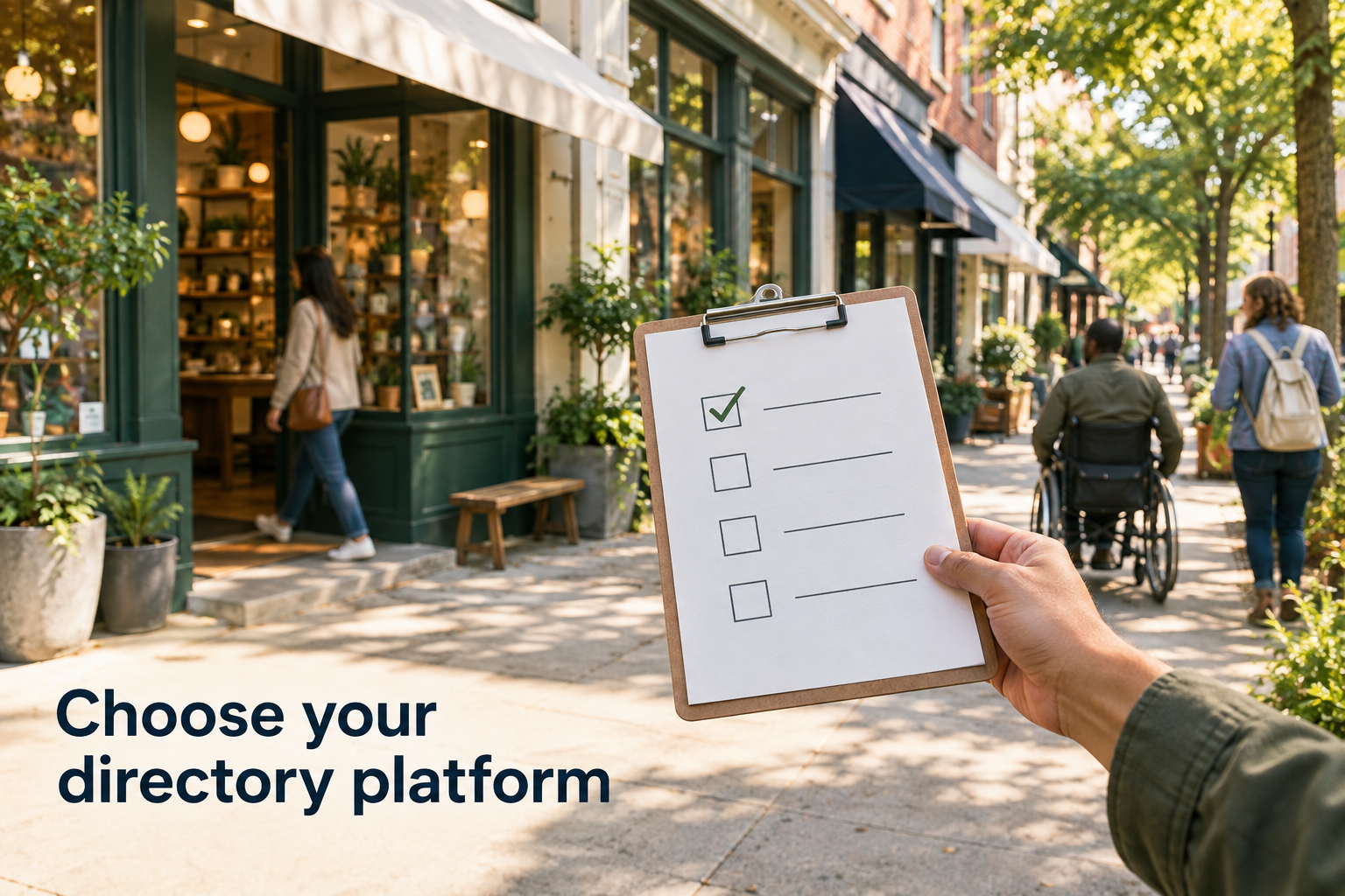 Illustration: A checklist held up against a storefront-lined street. Overlaid text reads "Choose your directory platform".