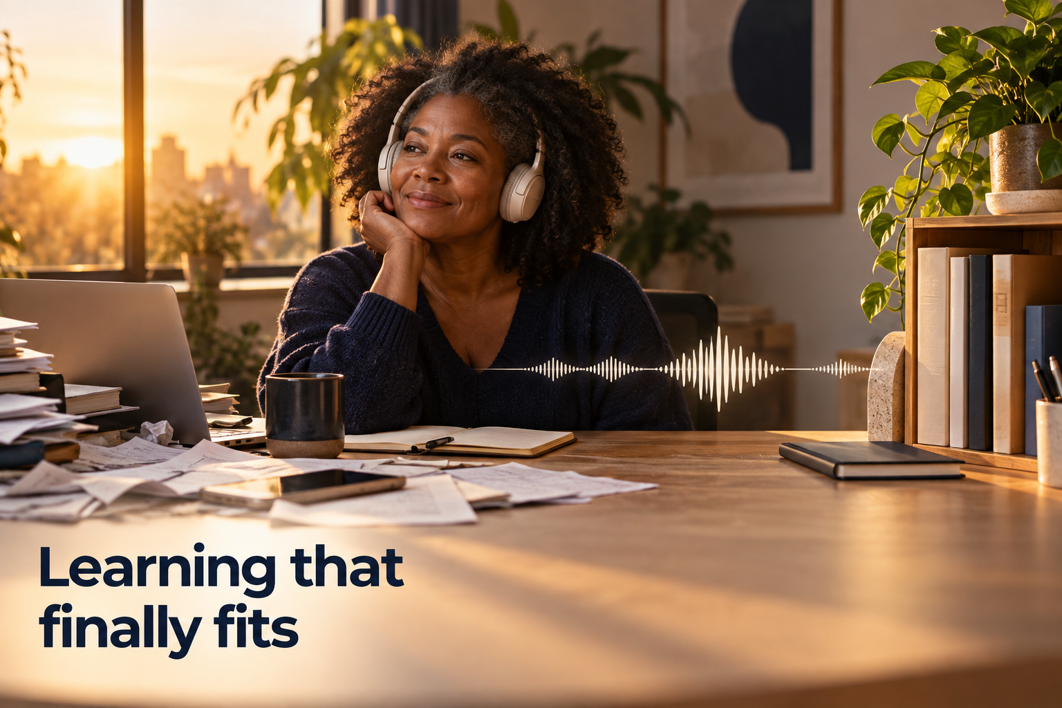 Illustration: Scattered papers and screens consolidating into one calm audio waveform and a single organized shelf. Overlaid text reads "Learning that finally fits".