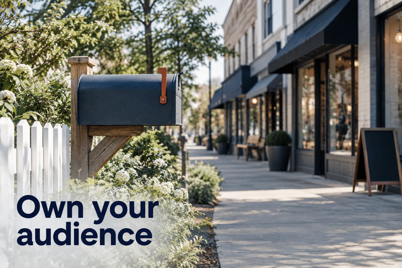 Illustration: A mailbox on owned land beside rented storefronts. Overlaid text reads "Own your audience".