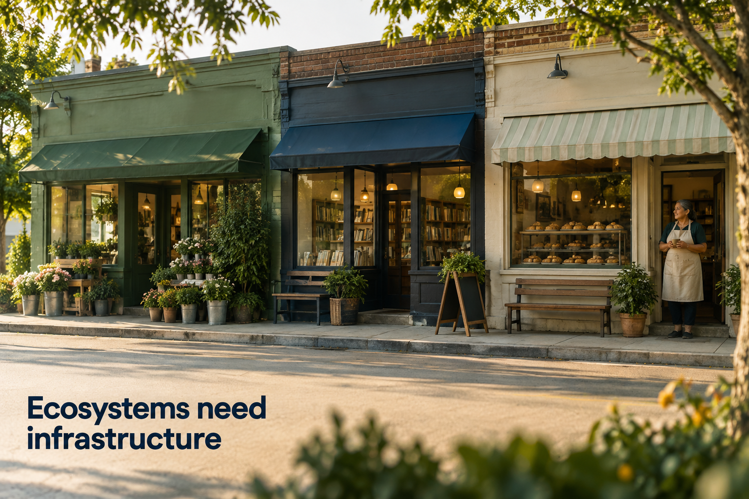Illustration: A row of small storefronts sharing one visible foundation line beneath them. Overlaid text reads "Ecosystems need infrastructure".