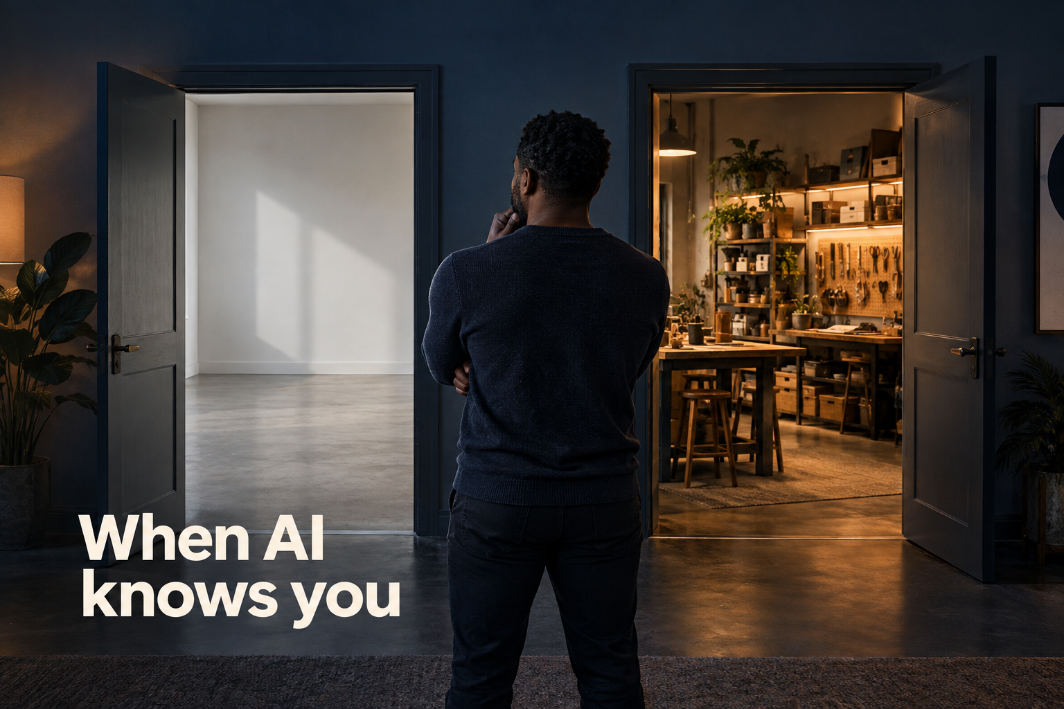 Illustration: The same prompt going into two doors: one opens onto a blank room, the other onto a fully stocked workshop. Overlaid text reads "When AI knows you".