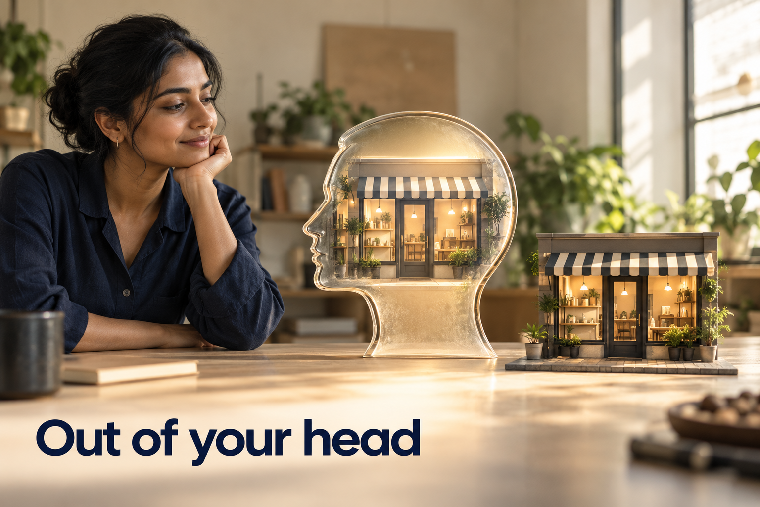 Illustration: A single lit head silhouette holding an entire storefront inside it, versus the same storefront standing on its own. Overlaid text reads "Out of your head".