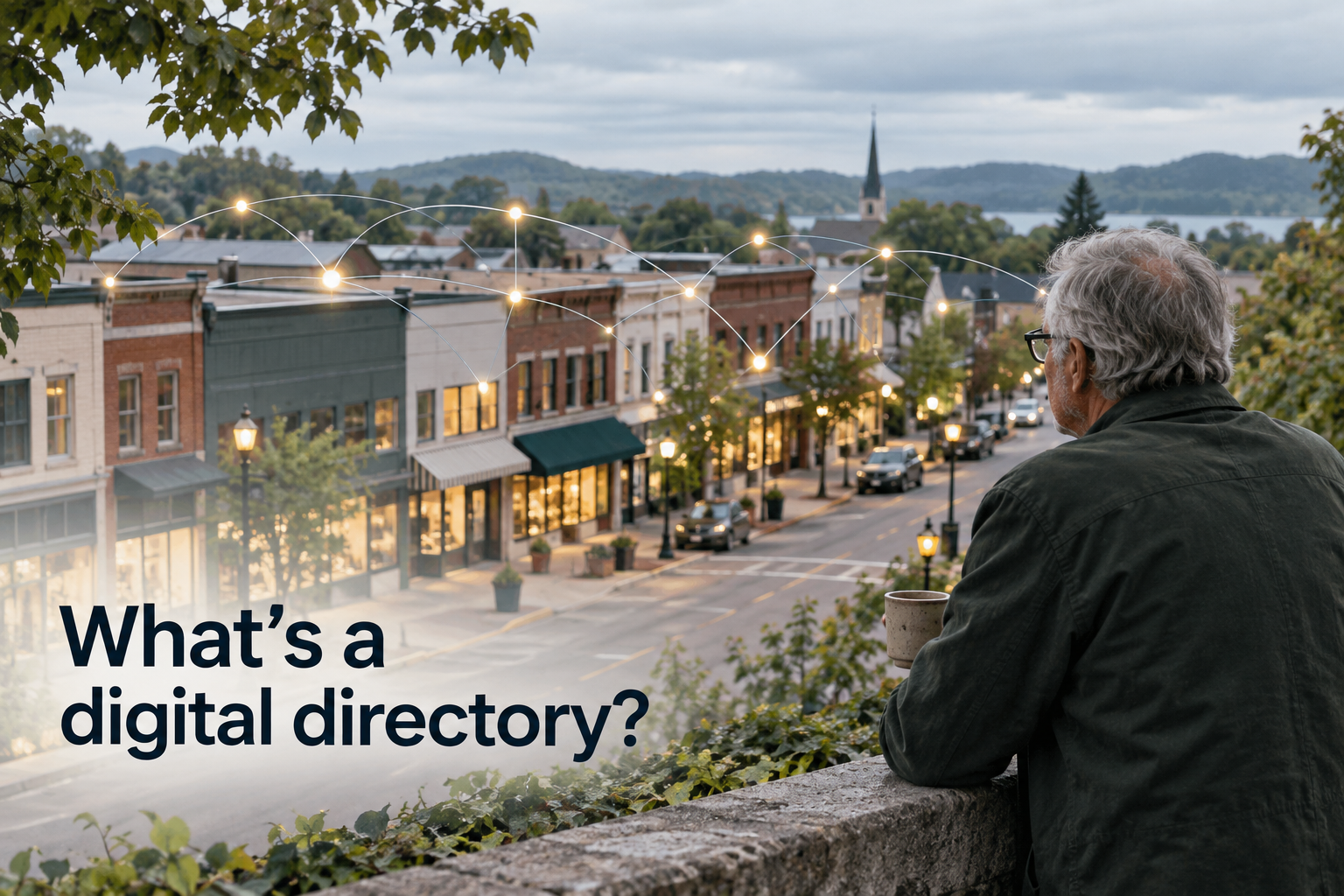 Illustration: A community map where every storefront lights up on one shared grid. Overlaid text reads "What's a digital directory?".