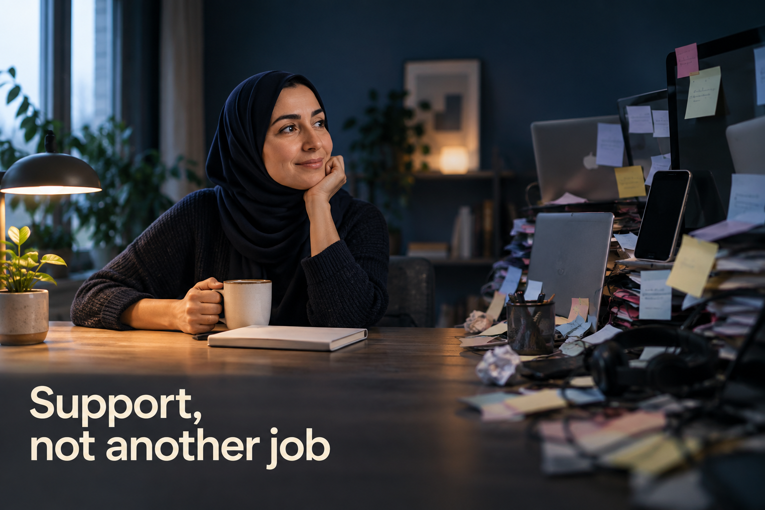 Illustration: A small desk with one calm, simple tool versus a wall of tangled apps and notifications. Overlaid text reads "Support, not another job".